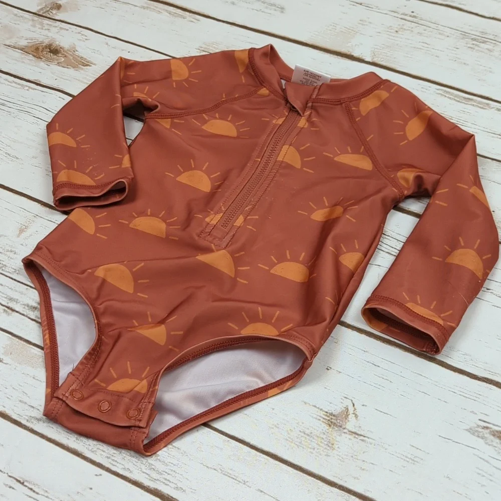 Kids Rust Orange Sun Print One-Piece Swimsuit - Long Sleeve